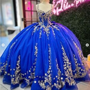 Luxury Royal Blue Quinceanera Dresses Spaghetti Strap Gold Appliques Ball Gown